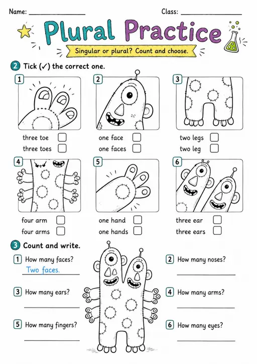 Singular or Plural Nouns Count and Choose | Grade 1 Grammar Worksheet