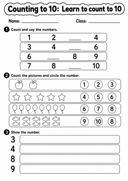 Kindergarten Counting to 10 Math Worksheet Pack