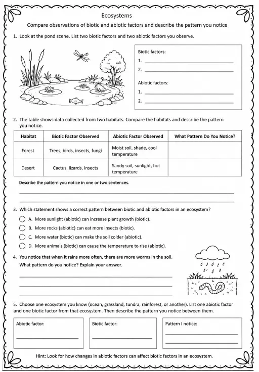 Compare observations of biotic and abiotic factors and describe the pattern you notice