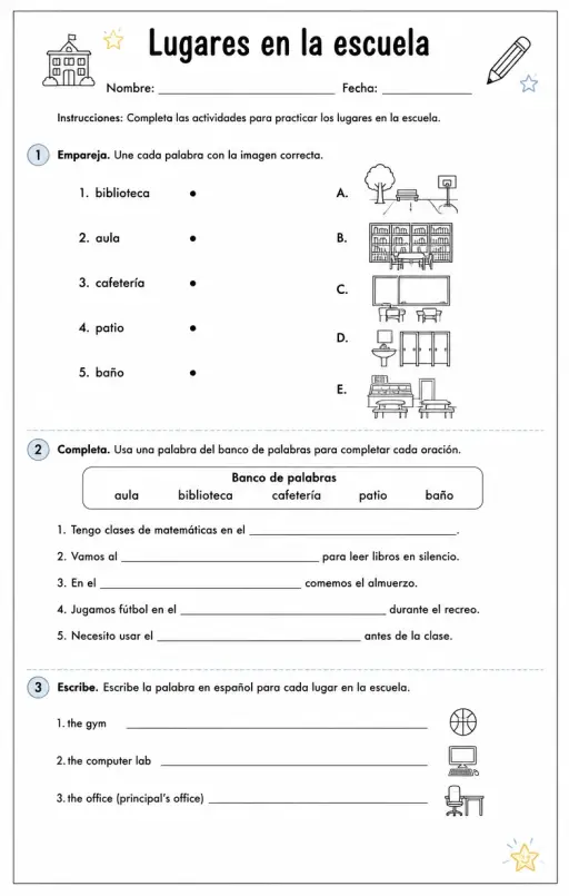 Producir palabras, frases o oraciones en español relacionadas con lugares en la escuela.