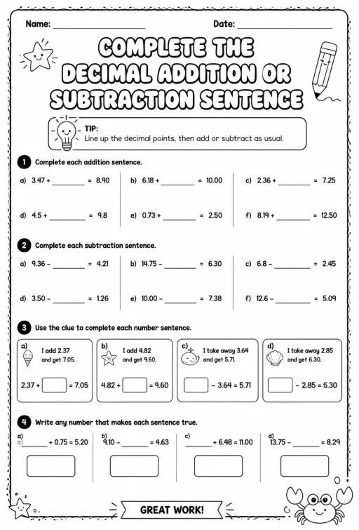 Complete the decimal addition or subtraction sentence