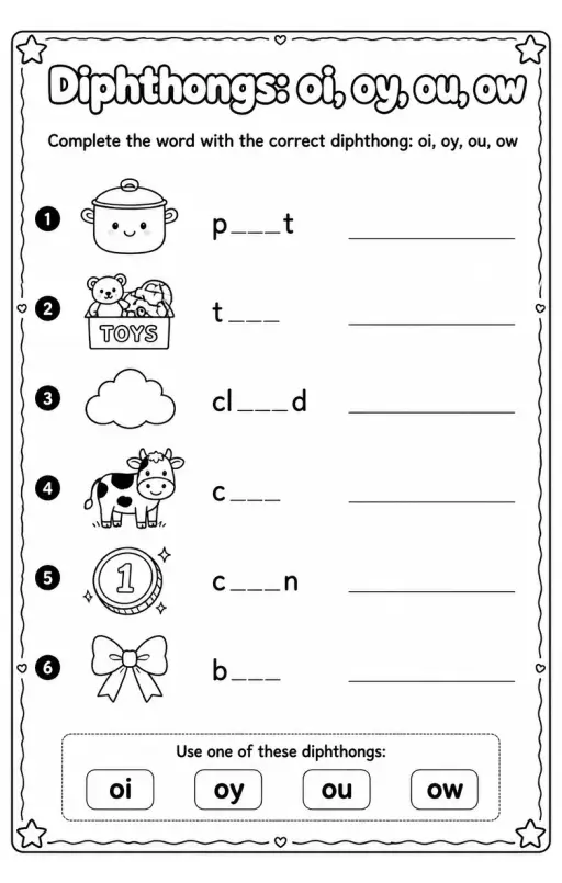 Complete the word with the correct diphthong: oi, oy, ou, ow