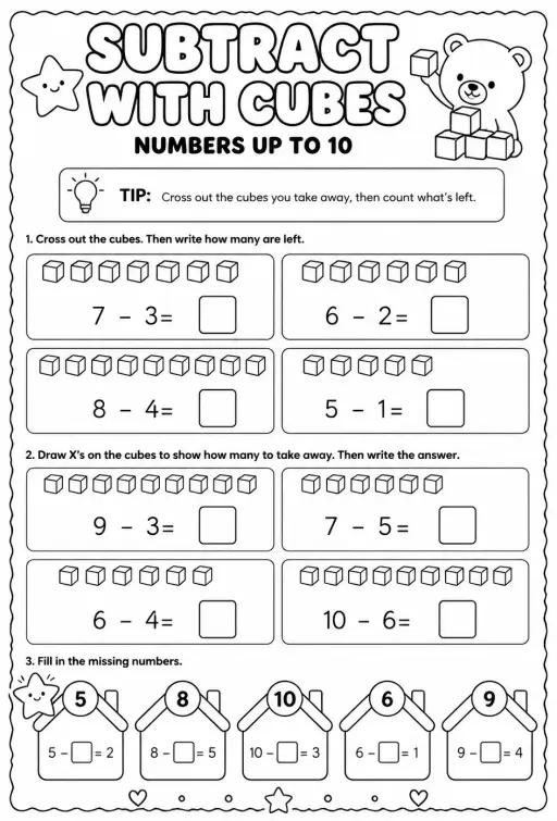 Subtract with cubes - numbers up to 10