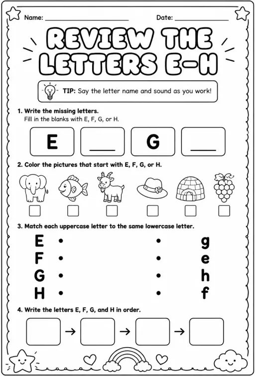 Review the letters E–H