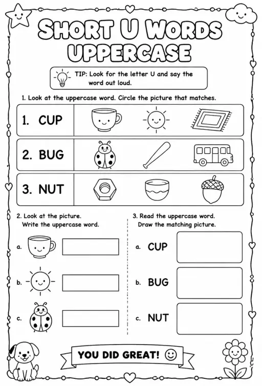 Choose the picture that matches the short u word: uppercase