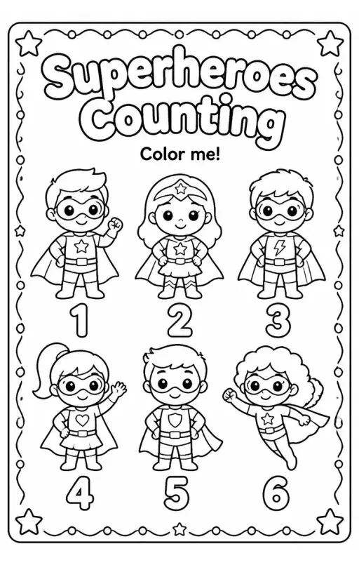 Superheroes Counting Coloring Page