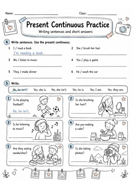 Present Continuous Practice | Grades 2-3 Grammar Worksheet
