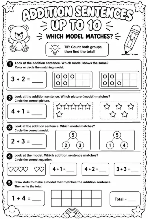 Addition sentences up to 10 - which model matches?
