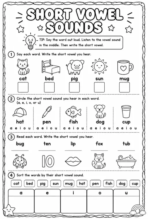 Identify the short vowel sound in a word