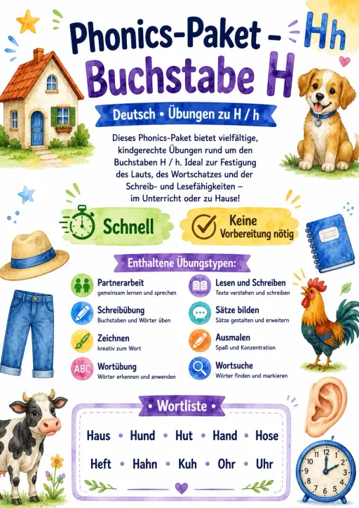 German Letter H Phonics Worksheets Pack