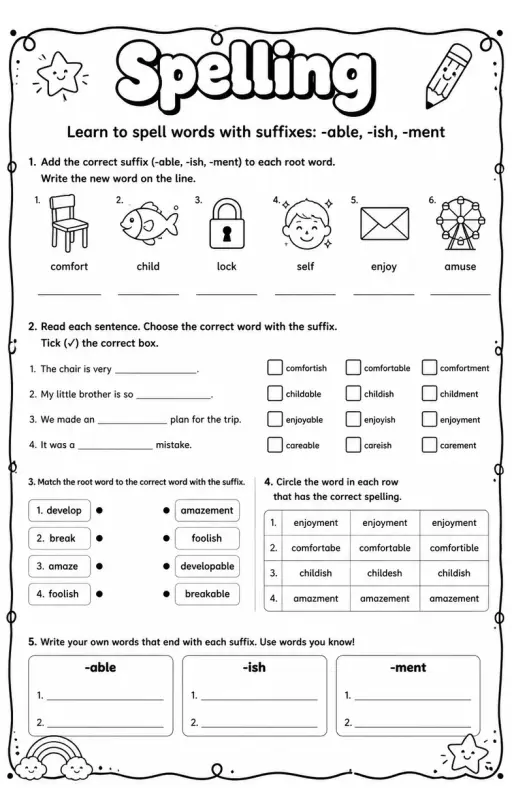 Learn to spell words with suffixes: -able, -ish, -ment