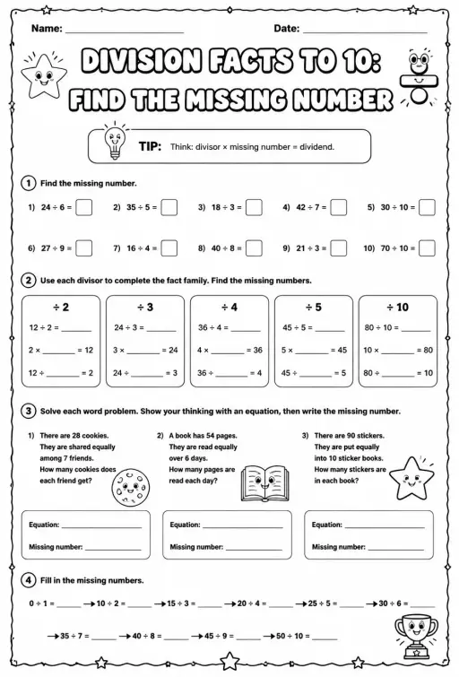 Division facts to 10: find the missing number