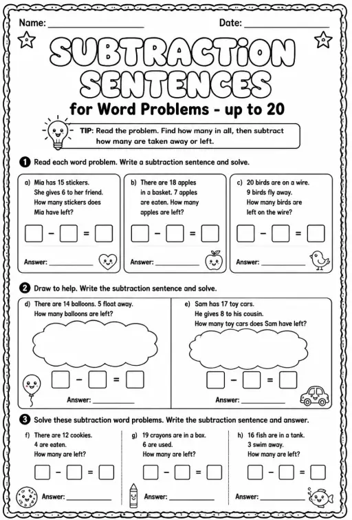 Subtraction sentences for word problems - up to 20