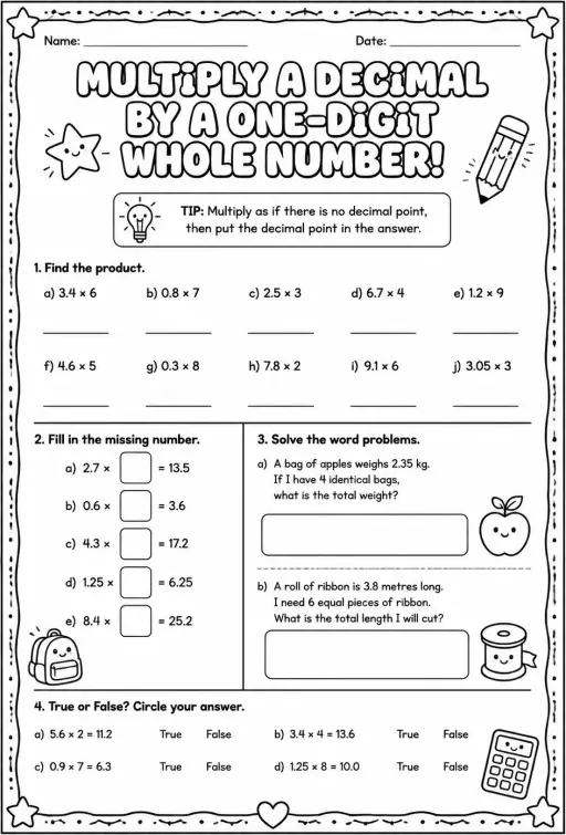 Multiply a decimal by a one-digit whole number