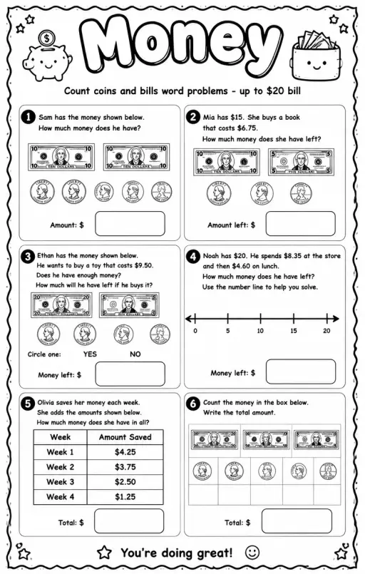 Count coins and bills word problems - up to $20 bill