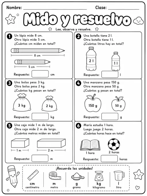 4.º grado - repaso mixto: medidas de longitud, masa y capacidad - Paquete de fichas