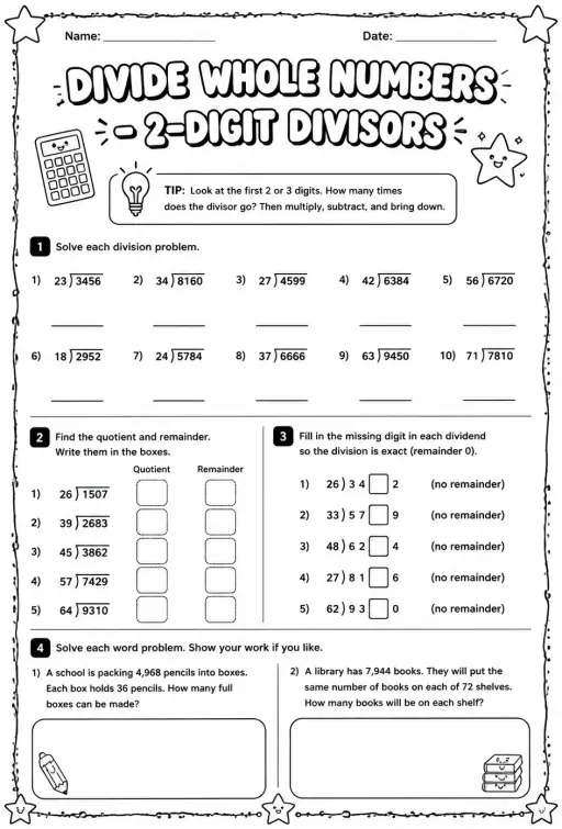 Divide whole numbers - 2-digit divisors