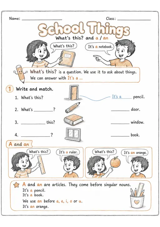 What's This? A or An Articles | Grade 1 Grammar Worksheet