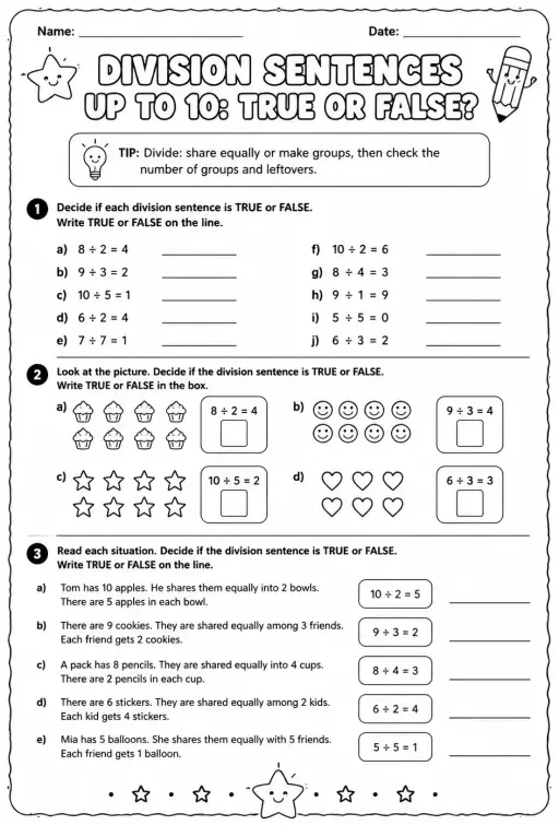Division sentences up to 10: true or false?