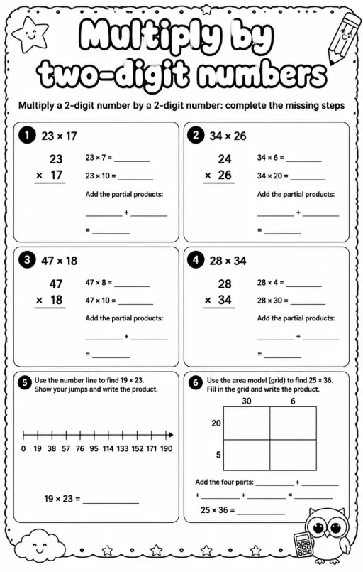 Multiply a 2-digit number by a 2-digit number: complete the missing steps