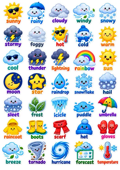 Weather And Seasons Icons English Vocabulary Stickers