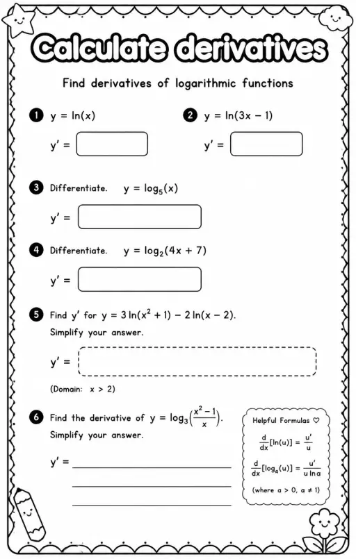 Find derivatives of logarithmic functions