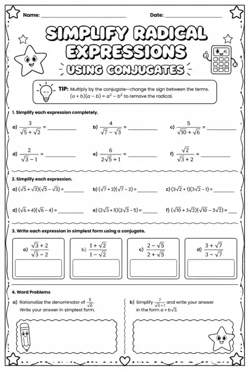 Simplify radical expressions using conjugates