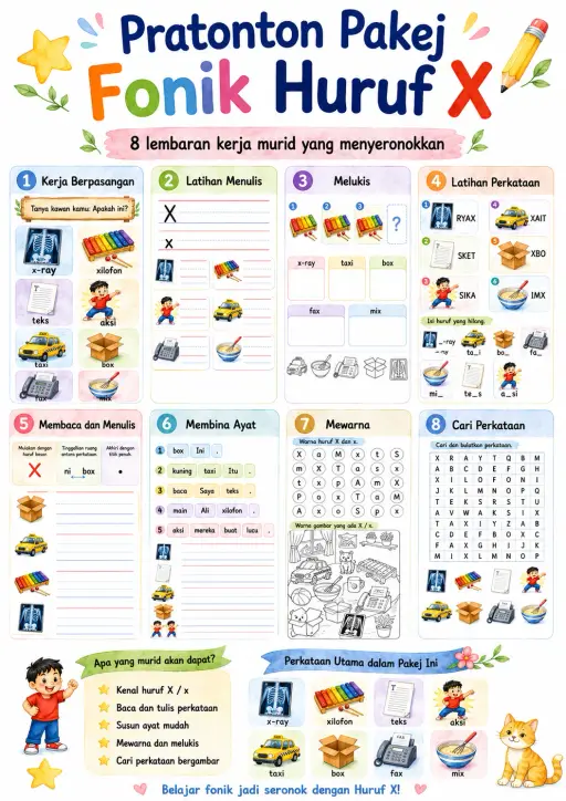 Malay Letter X Phonics Worksheets Pack
