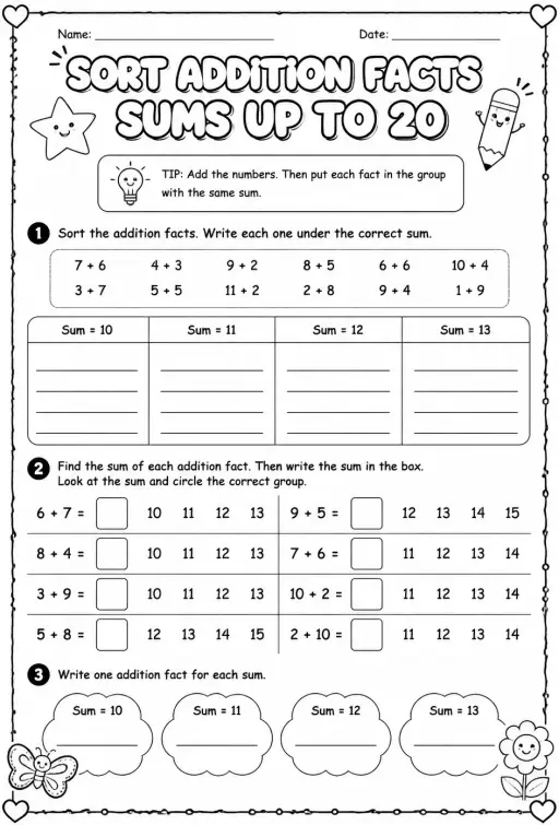 Sort addition facts - sums up to 20
