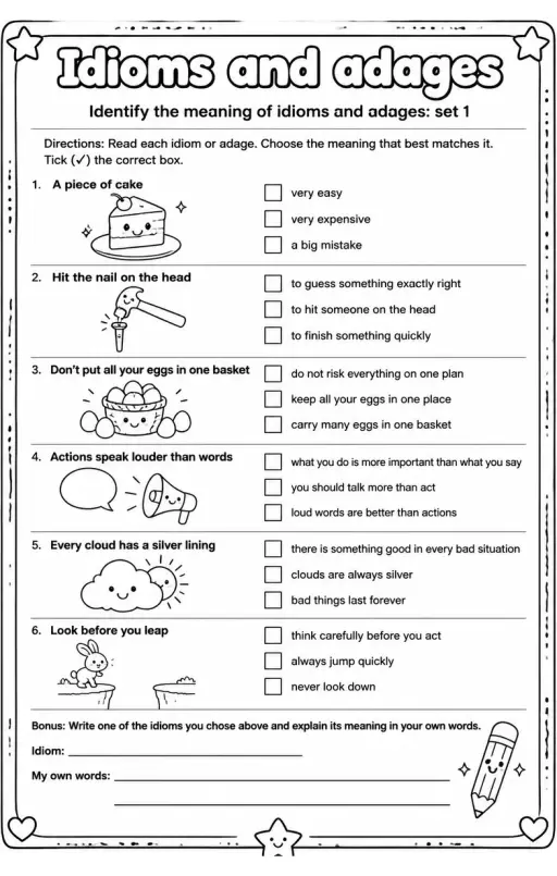 Identify the meaning of idioms and adages: set 1