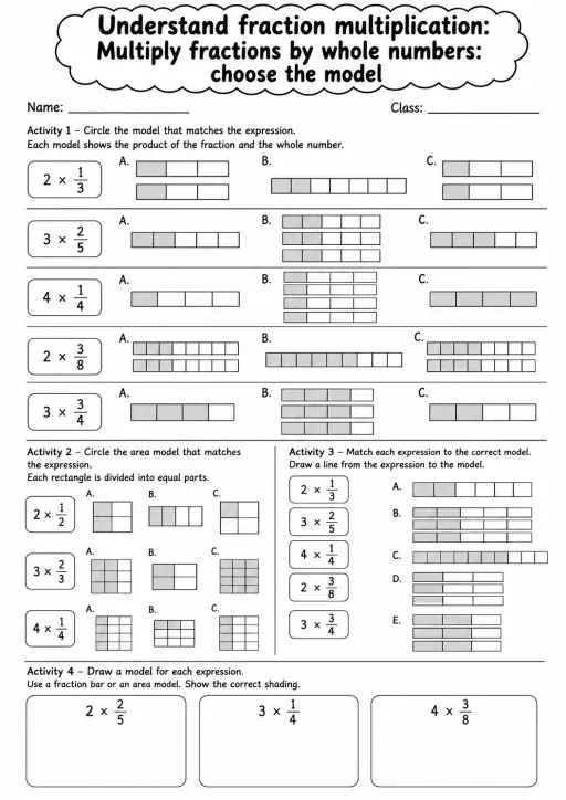 Grade 5 Understand Fraction Multiplication Math Worksheet Pack