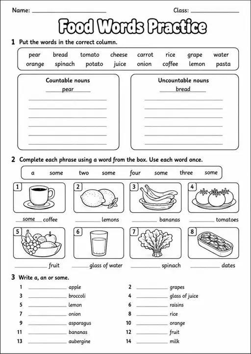 Countable and Uncountable Food Nouns | Grades 3-4 Grammar Worksheet