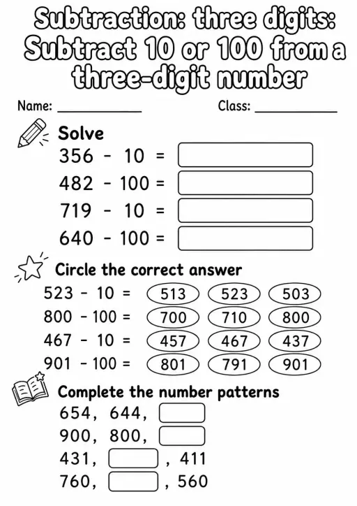 Grade 2 Subtraction: Three Digits Math Worksheet Pack