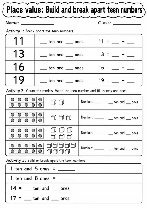 Grade 1 Place Value Math Worksheet Pack