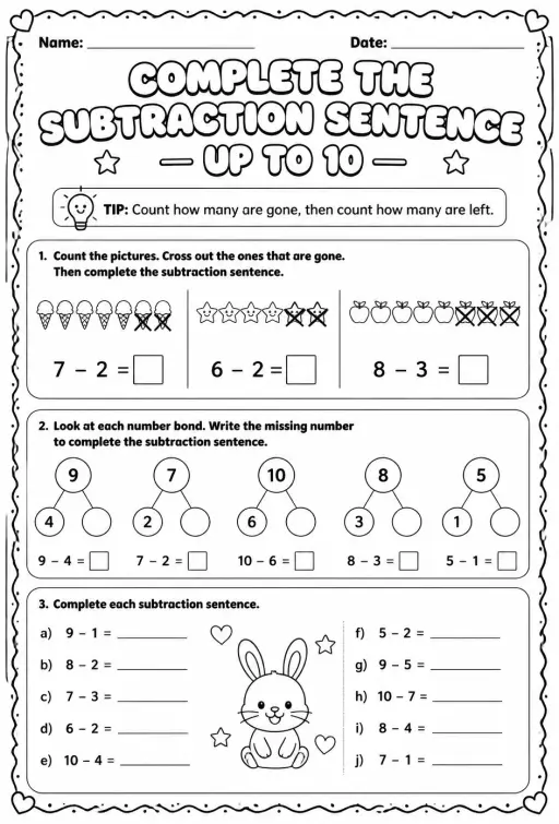 Complete the subtraction sentence - up to 10