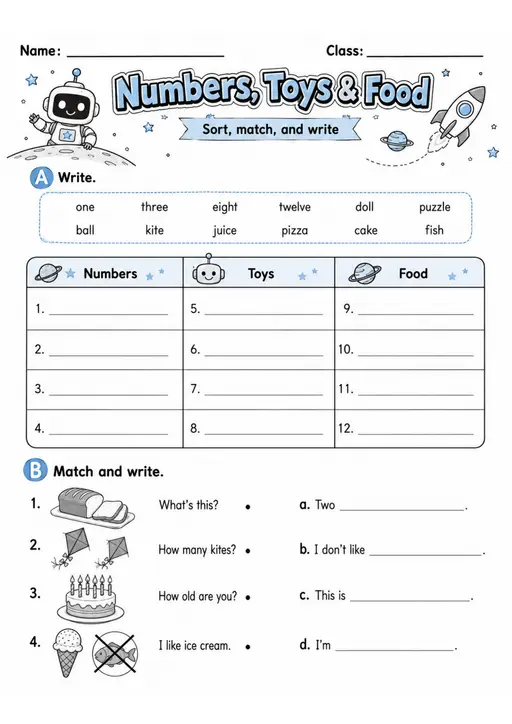 Numbers Toys and Food Pack - 2 Worksheets | Grade 1