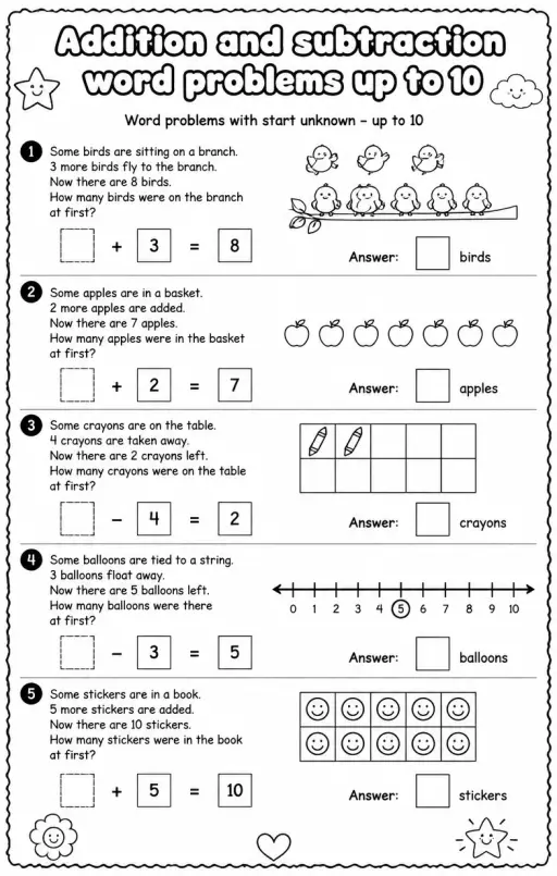 Word problems with start unknown - up to 10