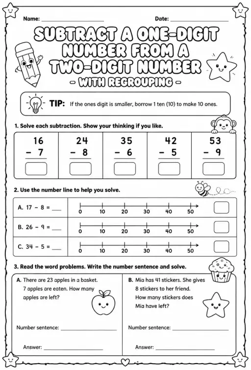 Subtract a one-digit number from a two-digit number - with regrouping