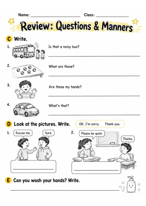 Review: Questions & Manners | Grade 2 English Language Arts Worksheet