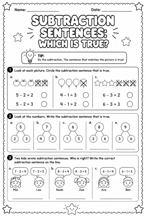Subtraction sentences: which is true?