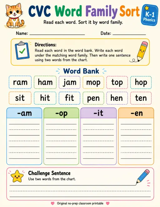 CVC Word Family Sort: -am, -op, -it, -en
