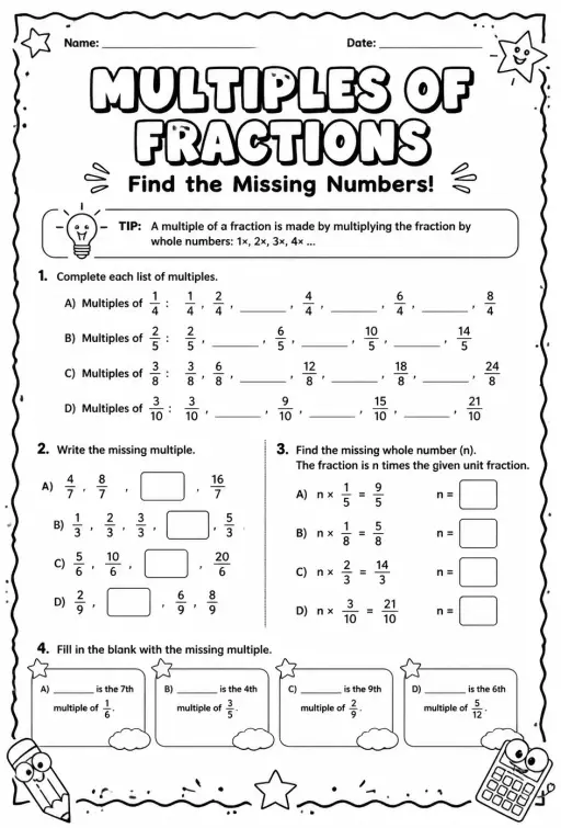 Multiples of fractions: find the missing numbers