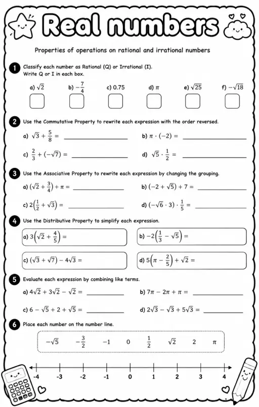 Properties of operations on rational and irrational numbers