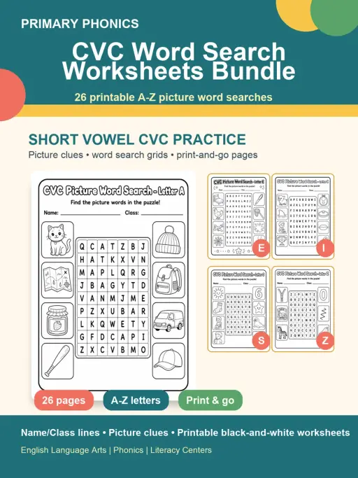 CVC Word Search Worksheets Pack