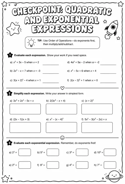 Checkpoint: Quadratic and exponential expressions