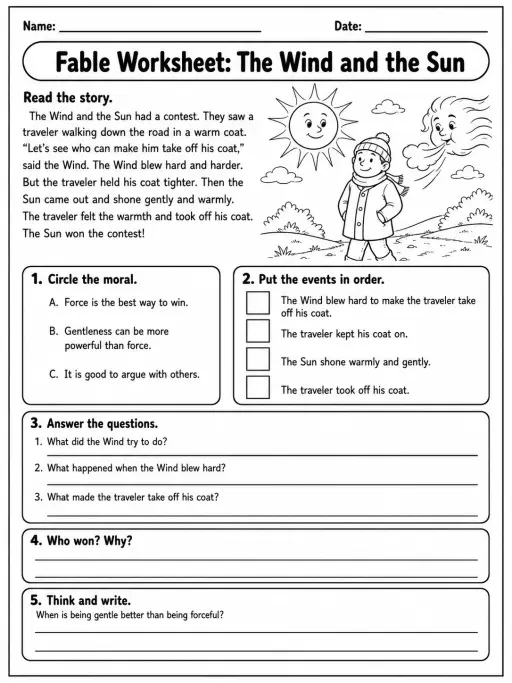 Fable Worksheet: The Wind and the Sun