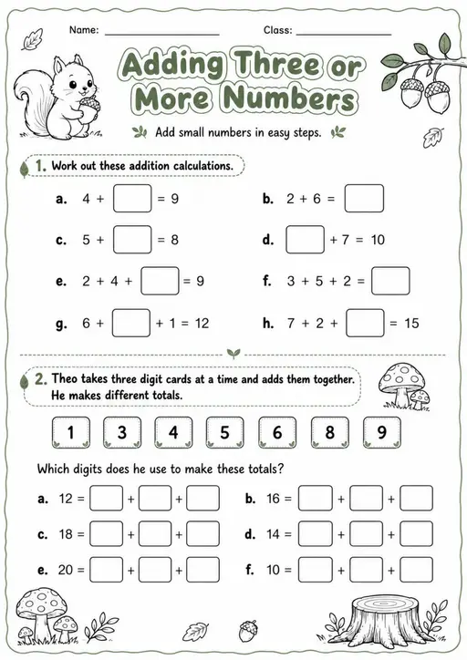 Adding Three or More Numbers - Grade 3 Math Worksheet - grade 3 Printable independent practice