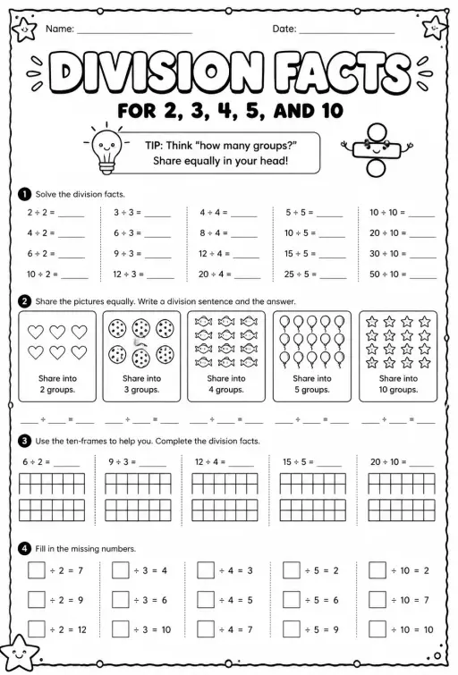 Division facts for 2, 3, 4, 5, and 10