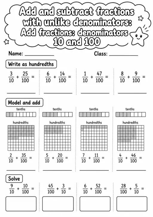 Grade 4 Add And Subtract Fractions With Unlike Denominators Math Worksheet Pack