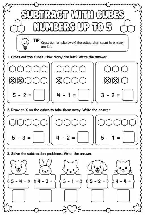 Subtract with cubes - numbers up to 5